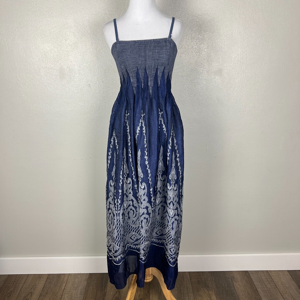 Lapis Maxi Dress One Size Navy Blue Gray Smocked Boho Fairy Festival Convertible